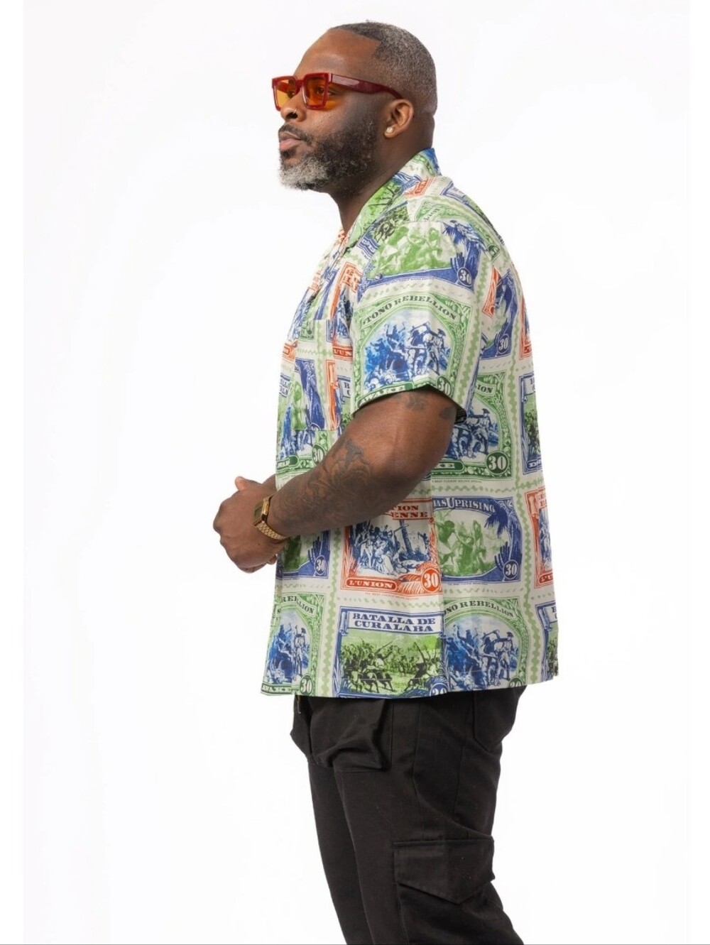 AWAKE UNION LA Short-Sleeve Stamp-Print Button Down Shirt in Multy Colors Sz L